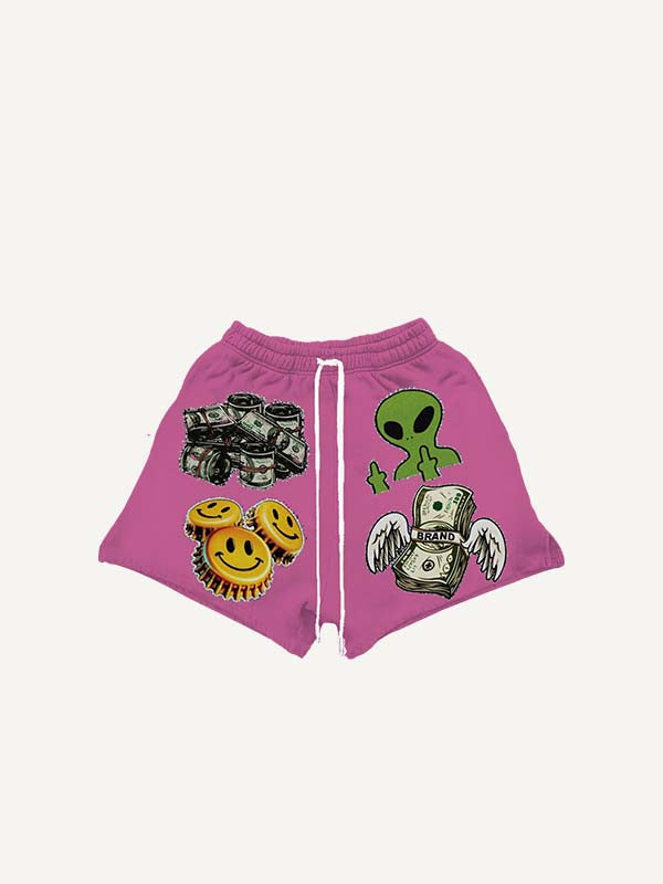 Shorts à cordon de serrage avec imprimé décalcomanie smiley, extraterrestre, squelette, billet, aile, globe oculaire, lettre et graphisme