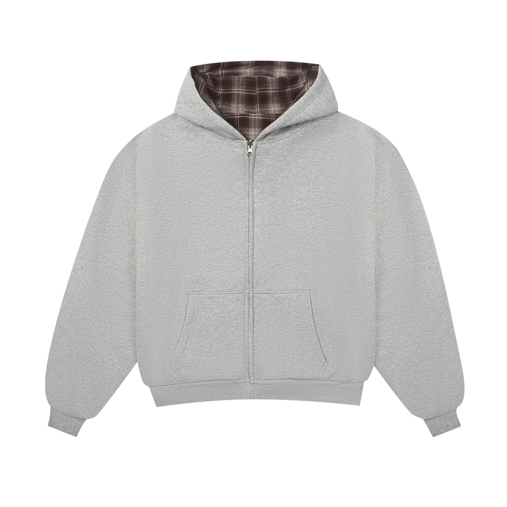 Sweat à capuche zippé réversible à carreaux V2 (Gris foncé/Moka)