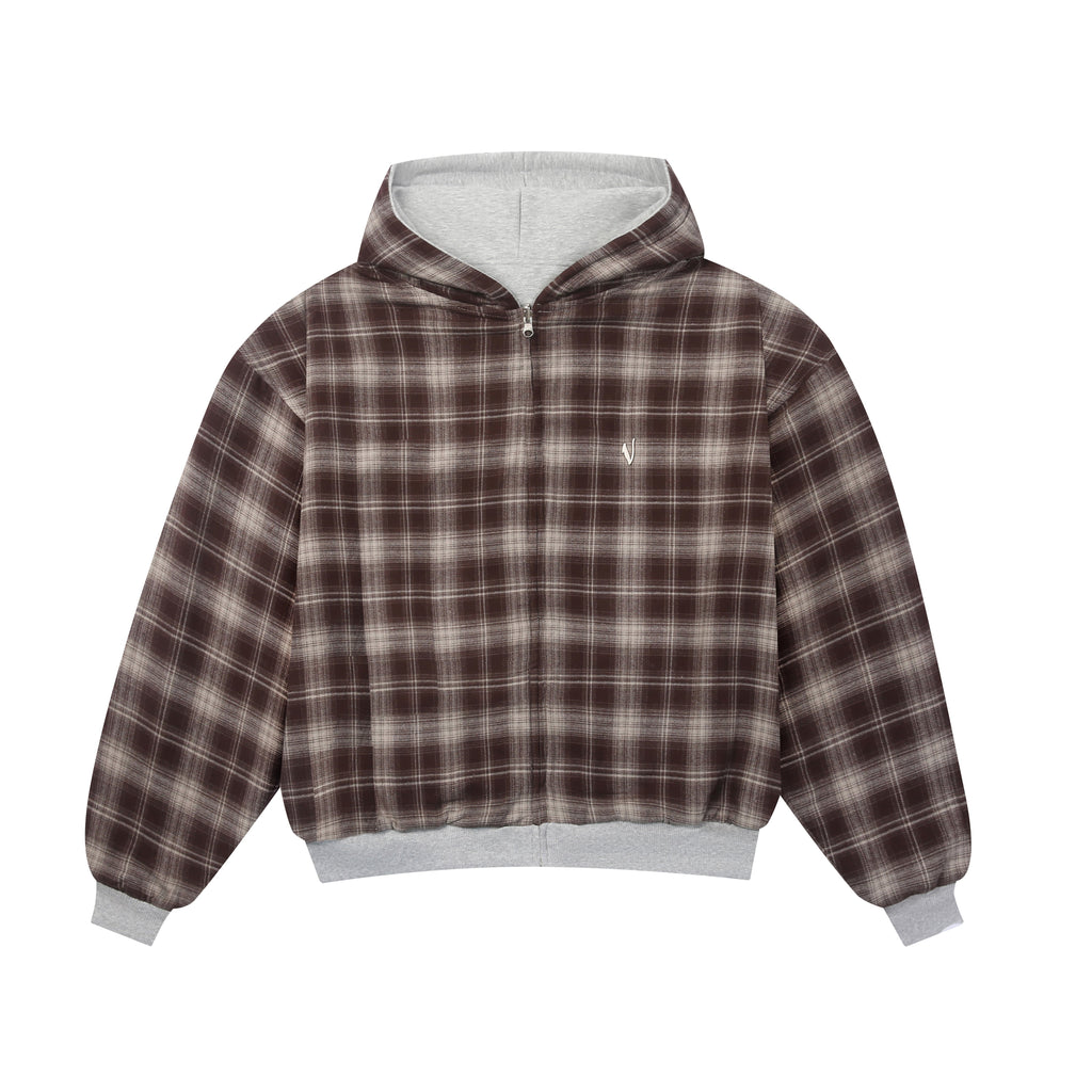 Sweat à capuche zippé réversible à carreaux V2 (Gris foncé/Moka)