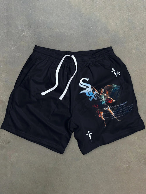 Pantaloncini in mesh con stampa di croce e arcangelo