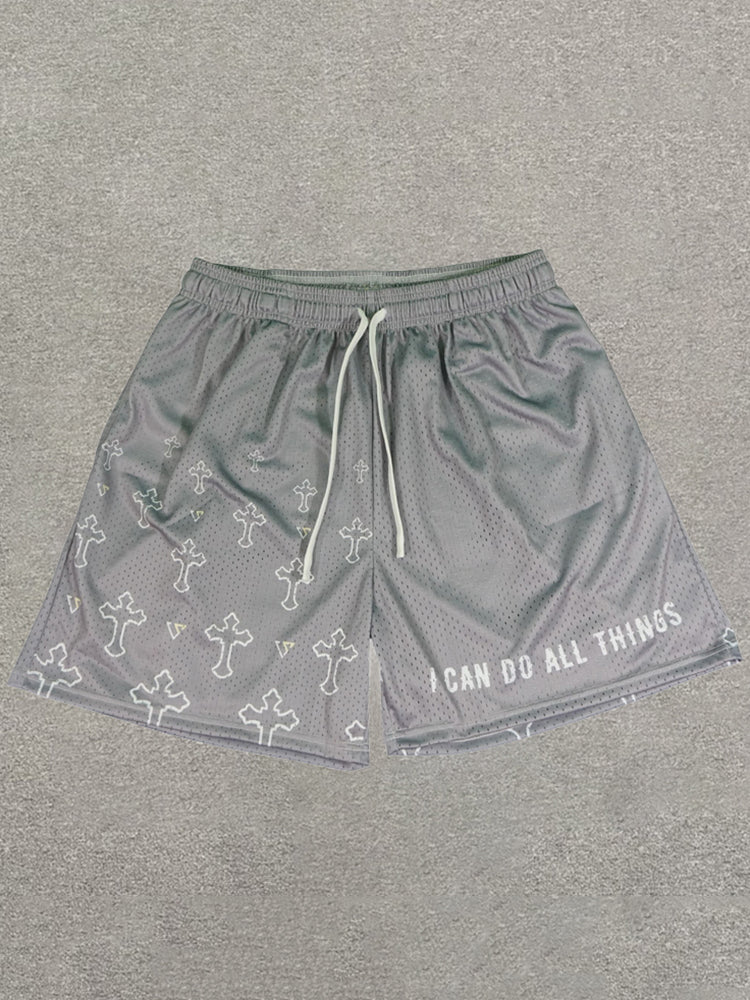 Meshshort met 'I Can Do All Things'-print en trekkoord
