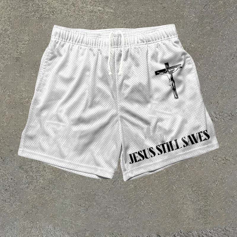 Jesus Still Saves Print Mesh Shorts