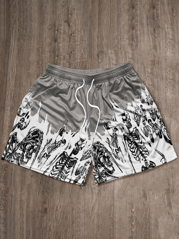 Pantaloncini casual street in rete con grafica di teschio vintage