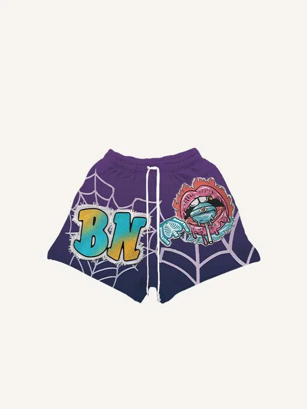 Shorts met trekkoord in de taille en faux-decalprint van skelet, mond, figuur, letters en afbeelding