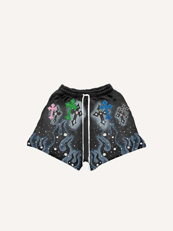 Shorts mit Kordelzug, Kreuz-, Feuer-, Schrift- und Grafik-Print