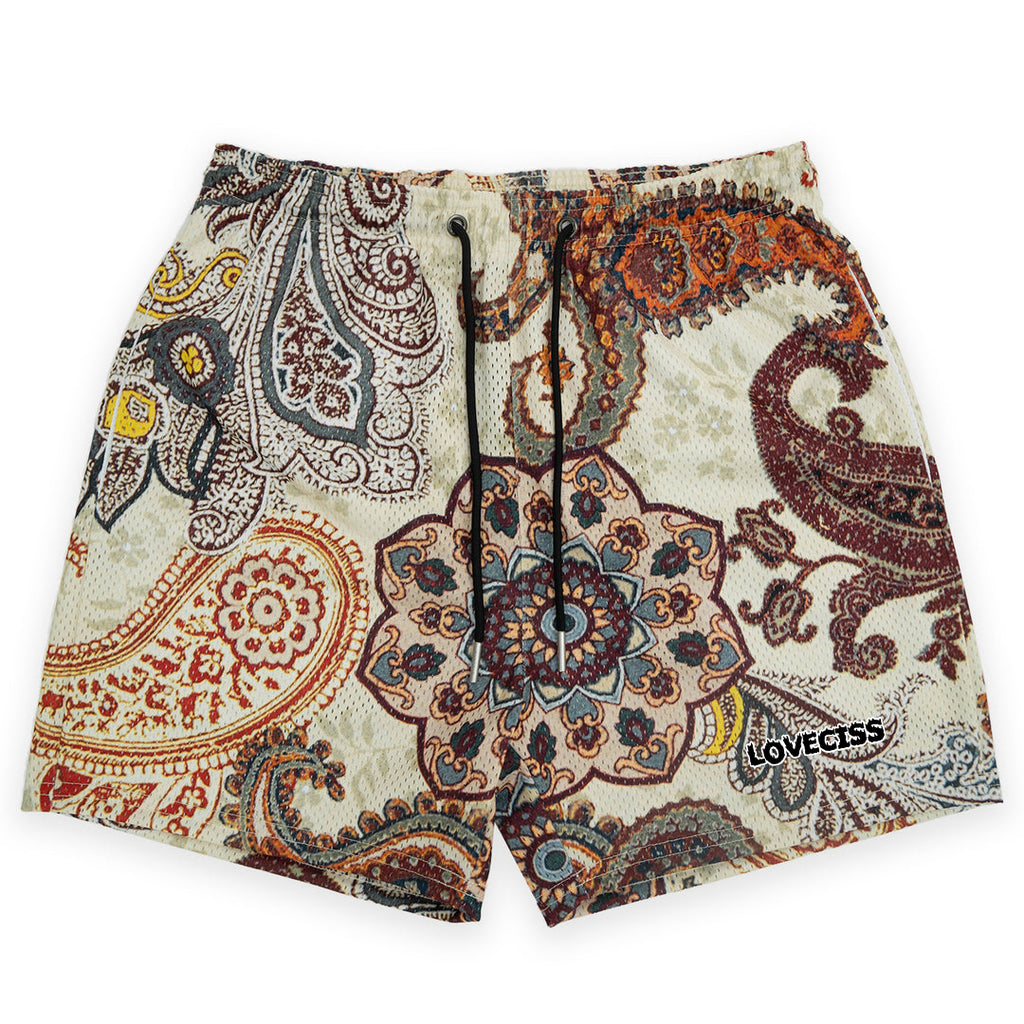 Męskie szorty z siateczki z grafiką w stylu vintage i paisley