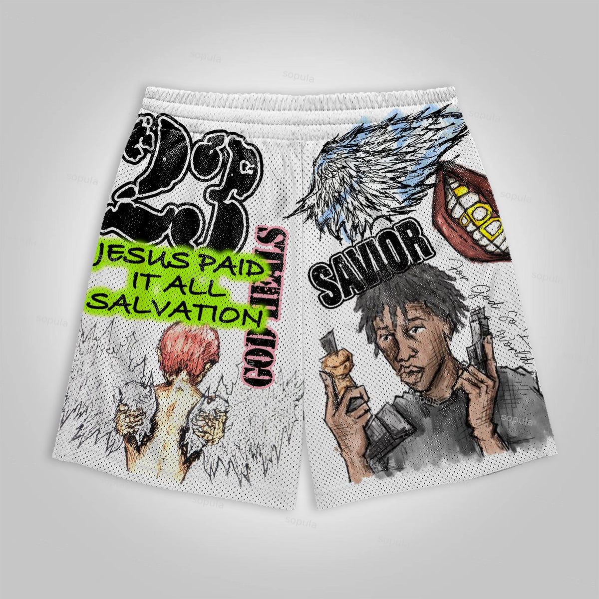 Graffiti Jesus Retro-Grafik-Mesh-Shorts