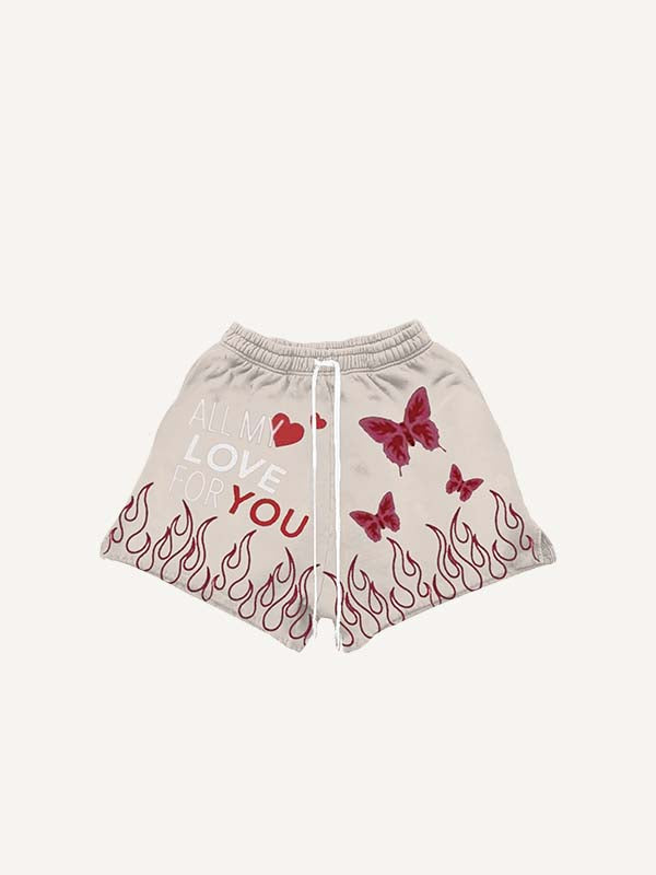 Butterfly&Heart&Fire&Letter Print Drawstring Waist Shorts