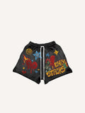 Pantalones cortos con cordón en la cintura y estampado de corazón, fuego, estrella, cara sonriente y letras