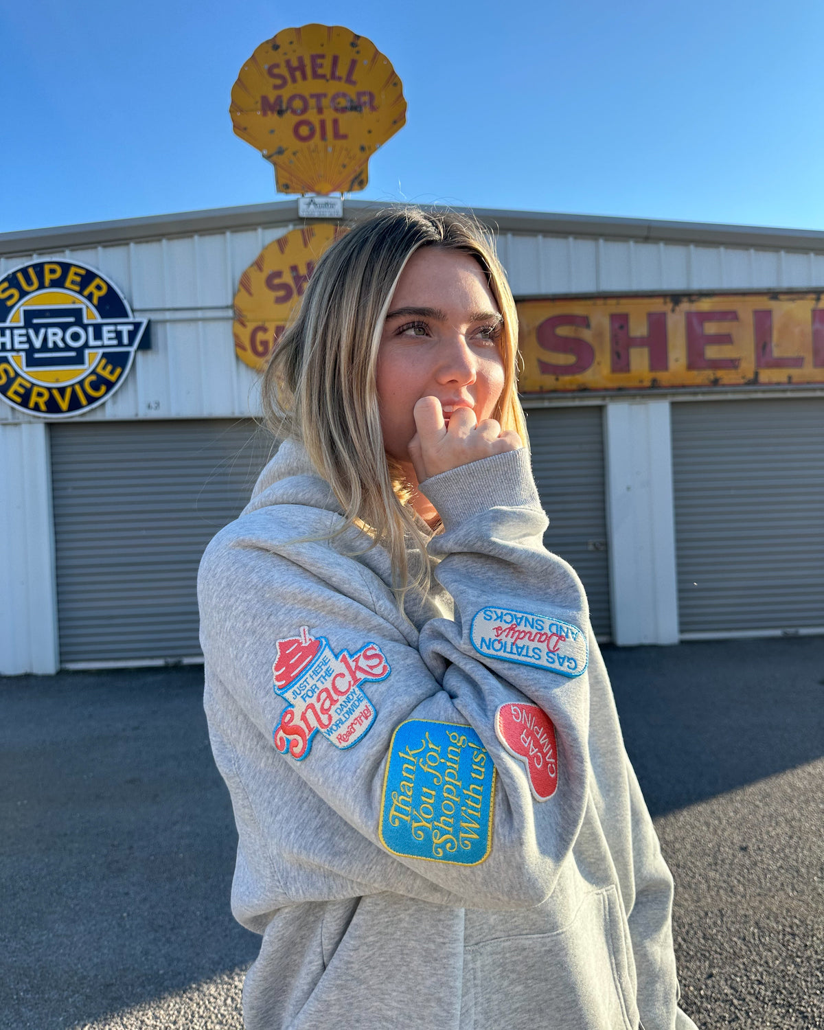Sweat à capuche oversize « Road Trip ! » en gris chiné foncé
