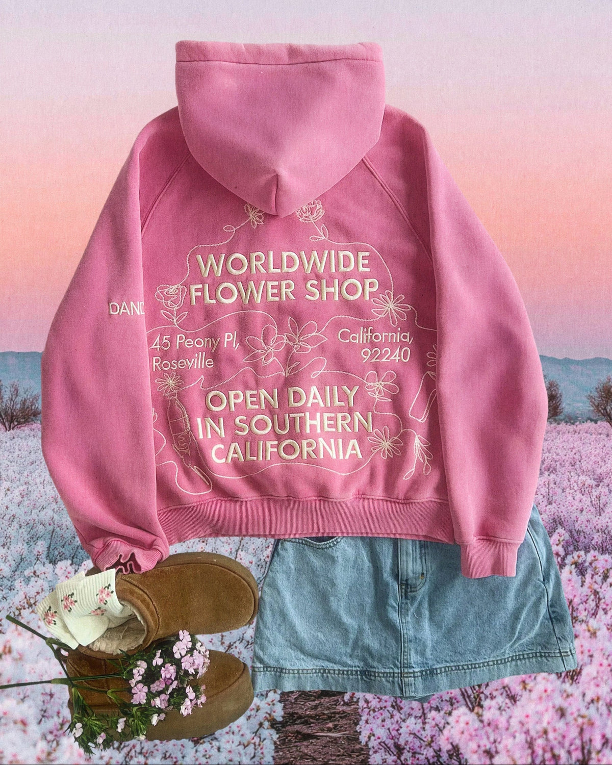 "Flower Shop" oversize’owa bluza z kapturem Lux w kolorze spranego różu vintage