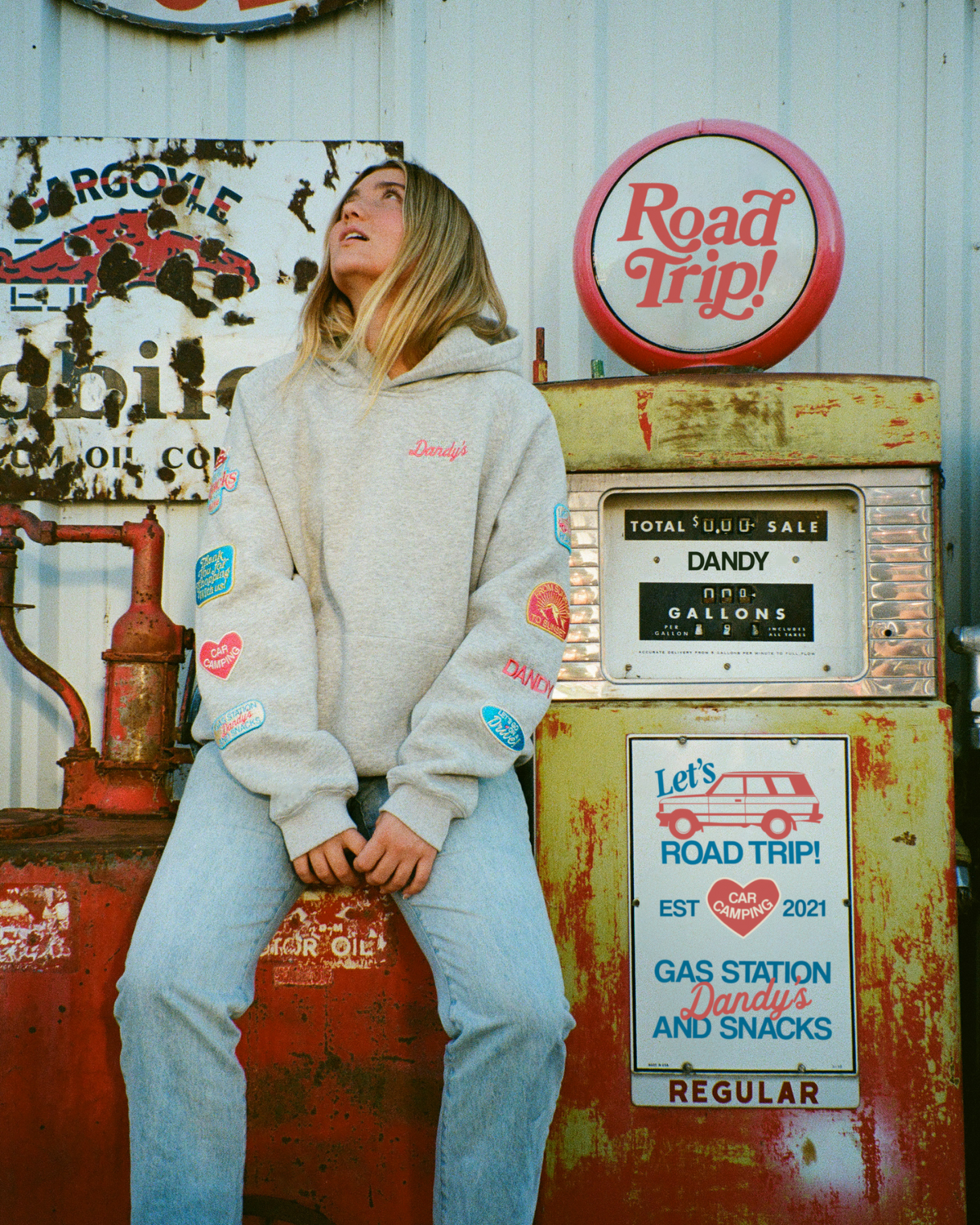 Sweat à capuche oversize « Road Trip ! » en gris chiné foncé