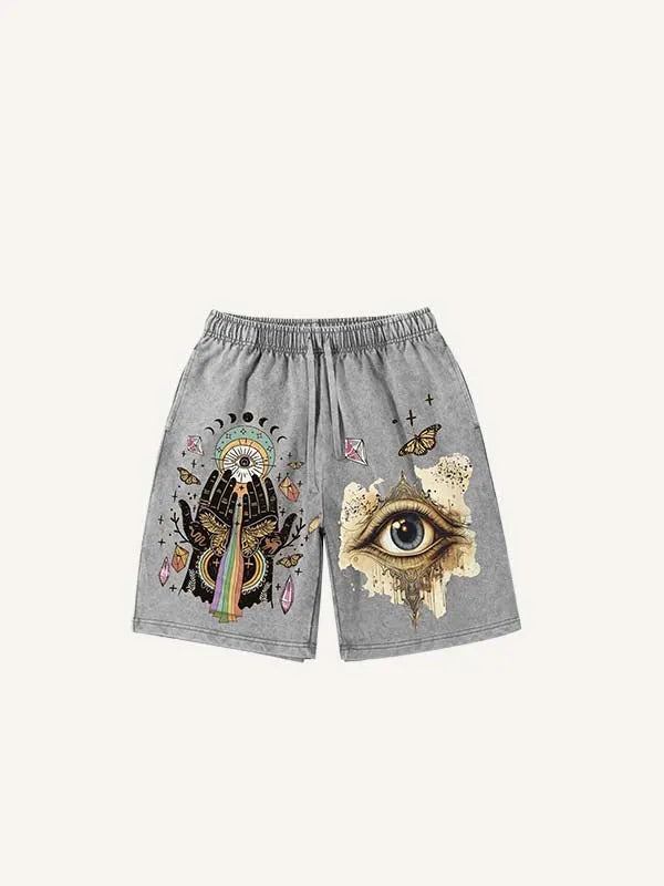 Shorts à taille élastique avec imprimé graphique effet vieilli (œil, lune, paume, papillon)