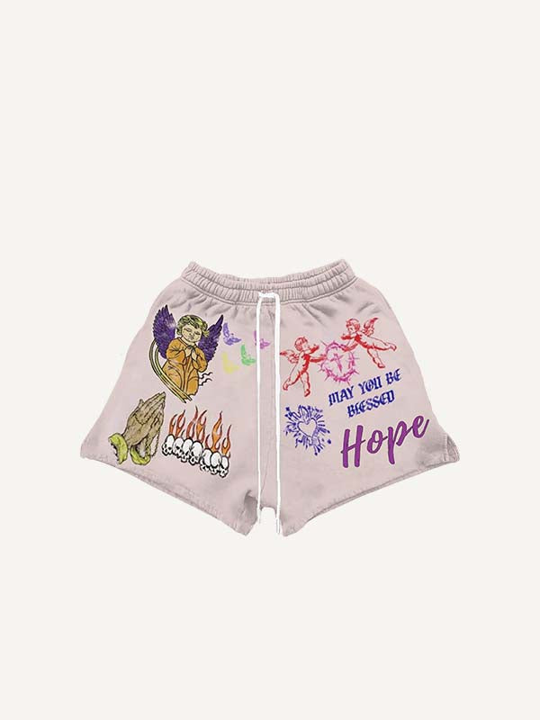 Shorts met trekkoord in de taille en print van engel, bidden, figuur, letters en grafische elementen