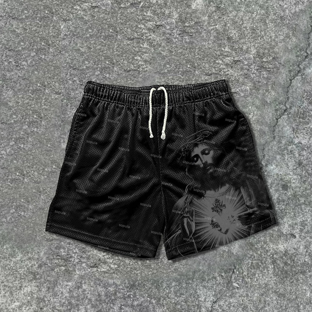 Vintage Jesus-Print-Mesh-Shorts mit Kordelzug