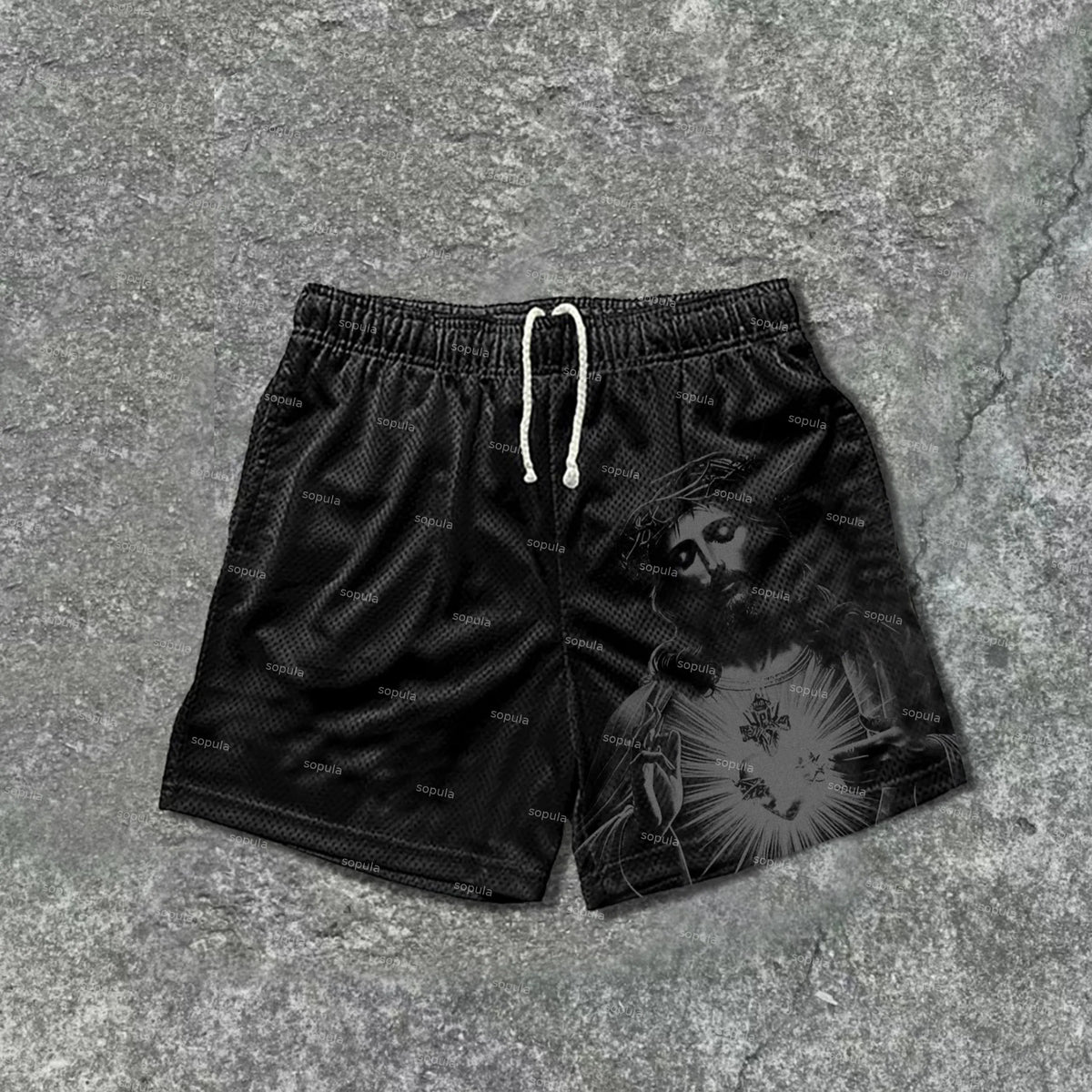 Vintage Jesus-Print-Mesh-Shorts mit Kordelzug