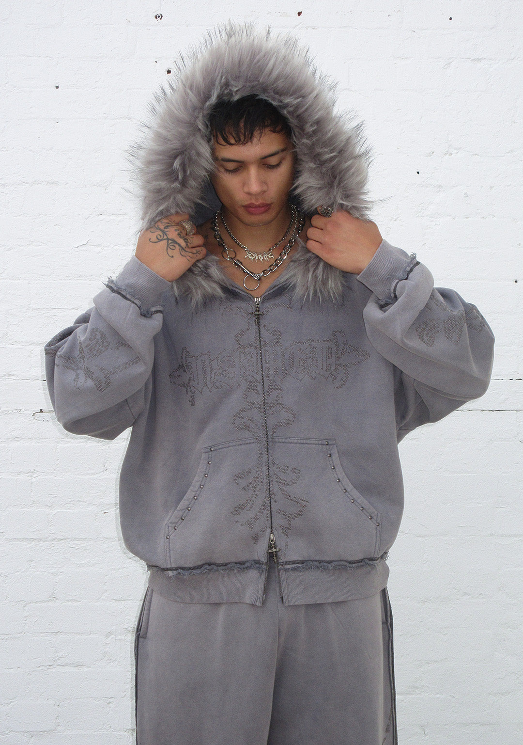 FERAL SWEATVEST MET RITS, KUNSTBONT EN NIETEN, GEWASSEN GRIJS (AFNEEMBAAR BONT)