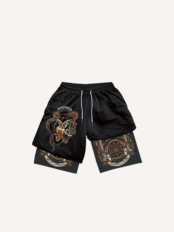 Shorts mit Fake-Zweiteiler-Optik, Tier-, Buchstaben- und Grafik-Print sowie Kordelzug in der Taille