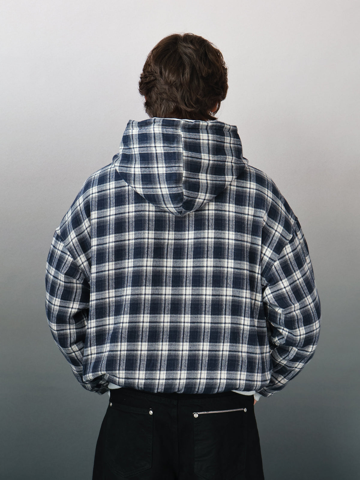 Sweat à capuche zippé réversible à carreaux V2 (Gris clair / Bleu marine délavé)