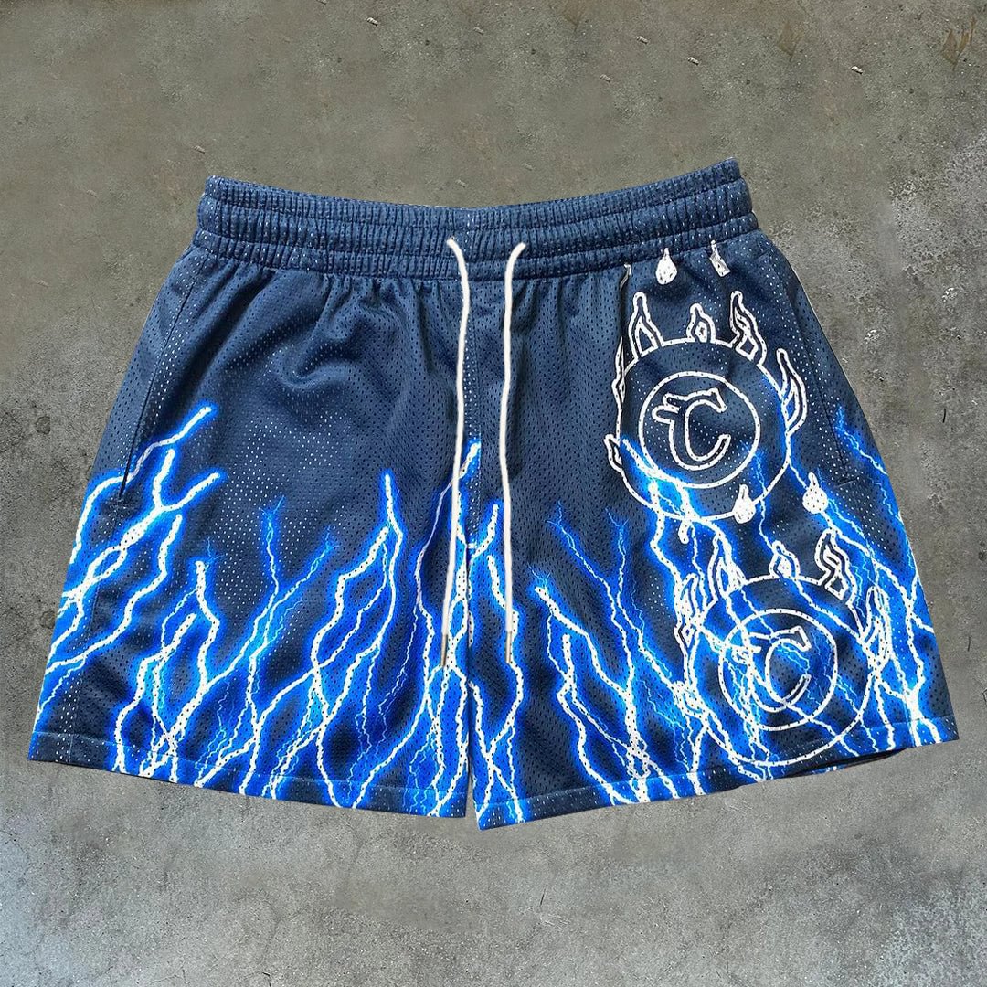 Vintage Flame Graphic Casual Street Mesh Shorts