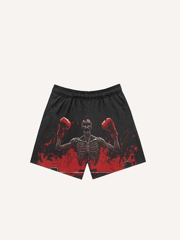 Skeleton&Fire&Letter Print Drawstring Waist Shorts
