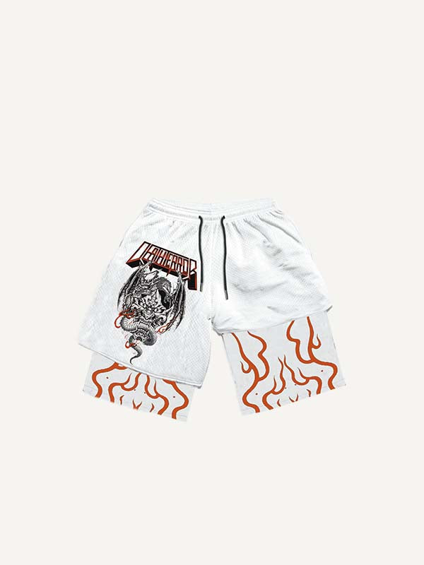 Fake Two Pieces Demon&Letter&Graphic&Dragon Print Drawstring Waist Shorts