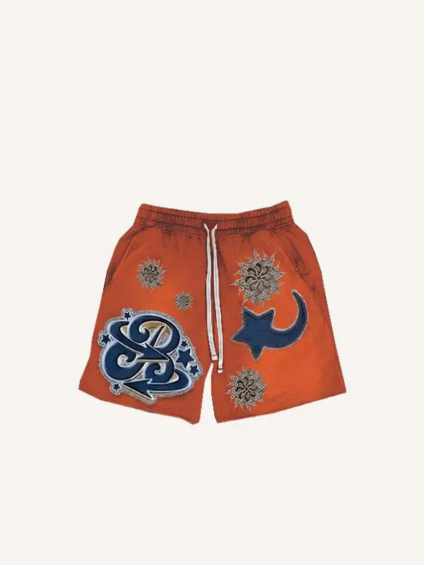 Graphic&Letter Faux Decal Print Drawstring Waist Shorts