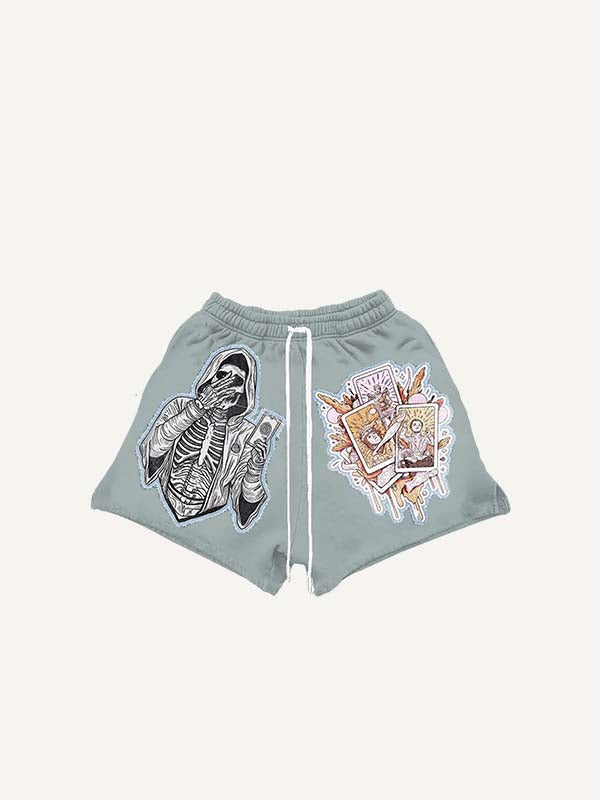 Figure&Skeleton&Graphic&Letter Faux Decal Print Drawstring Waist Shorts