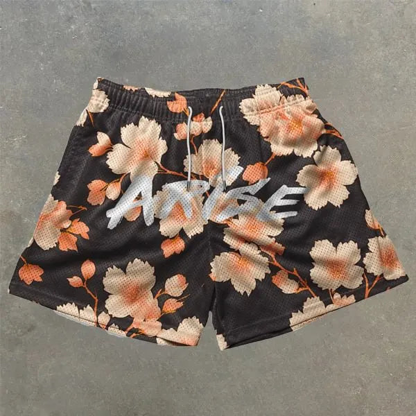 Modne, uniseksowe, wygodne szorty z siateczki w stylu streetwear, z grafiką kwiatową