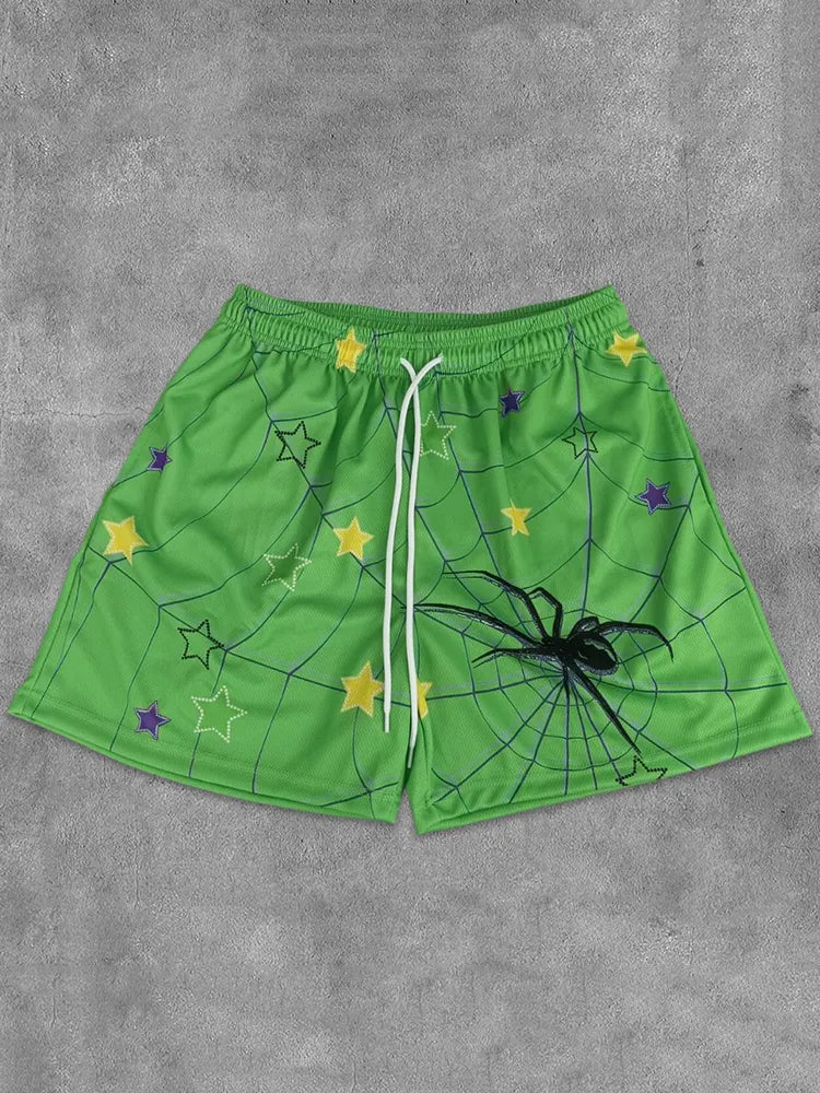 Pantaloncini in mesh con grafiche artistiche di ragno e stella