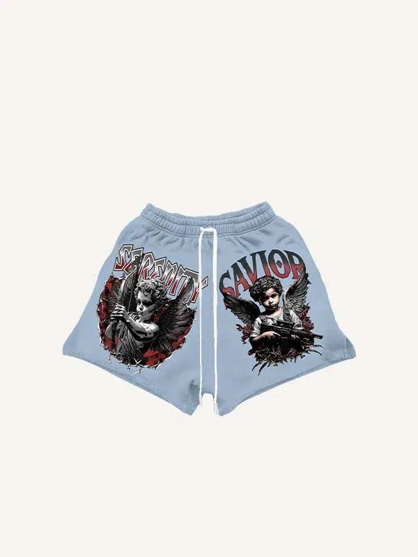 Angel&Gun&Floral&Letter&Graphic Print Drawstring Waist Shorts