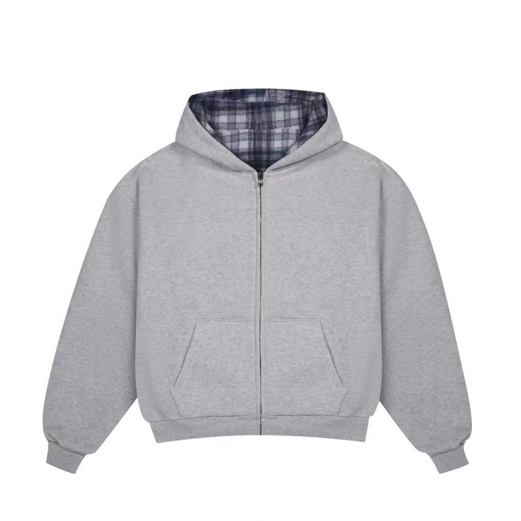 Felpa con cappuccio e zip reversibile a quadri V2（Grigio chiaro/Blu）