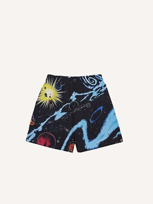Space Planet Print Drawstring Waist Shorts