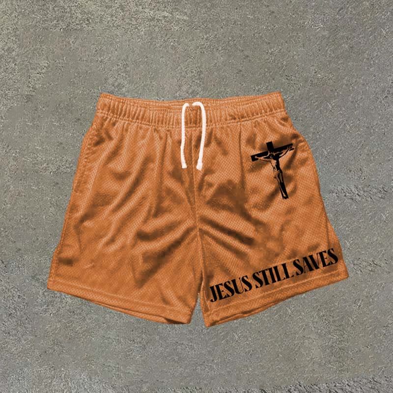 Jesus Still Saves Print Mesh Shorts