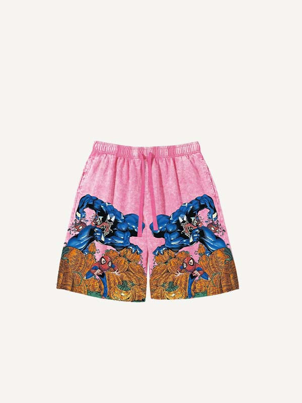 Distressed   Venom&Spider-Man&Pumpkin Print Drawstring Waist Shorts