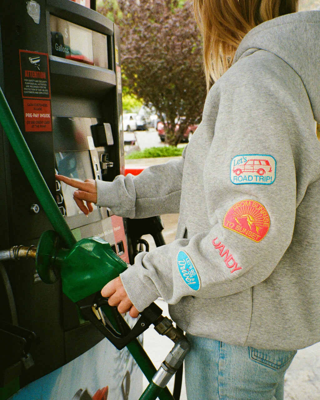 Sweat à capuche oversize « Road Trip ! » en gris chiné foncé