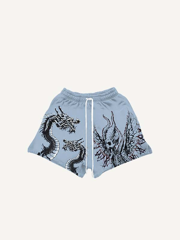 Dragon&Skeleton&Wing Print Drawstring Waist Shorts