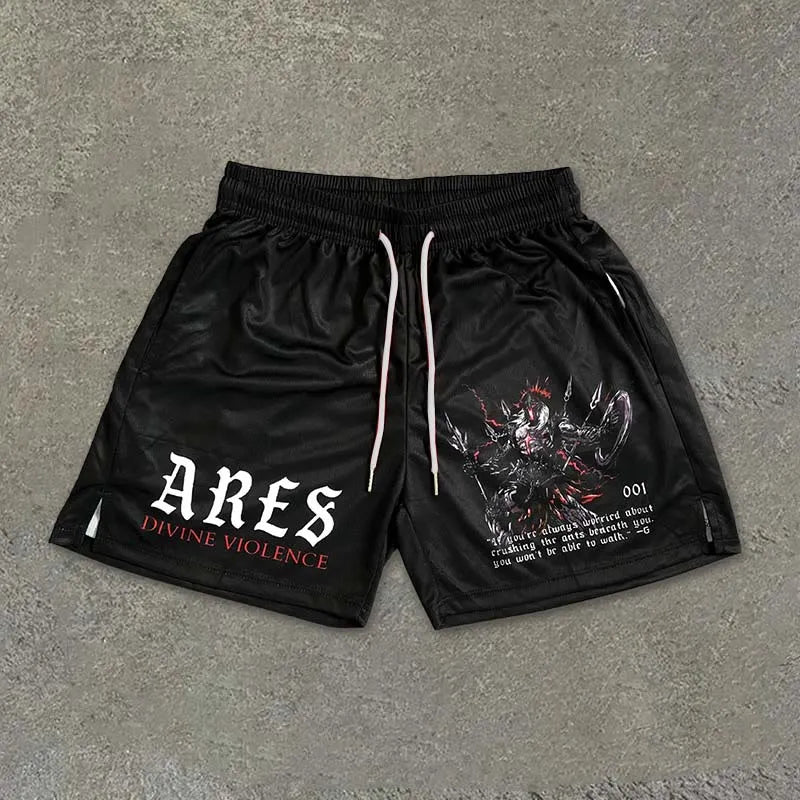 Casualowe krótkie spodenki z siateczki w stylu streetwear z nadrukiem Aresa