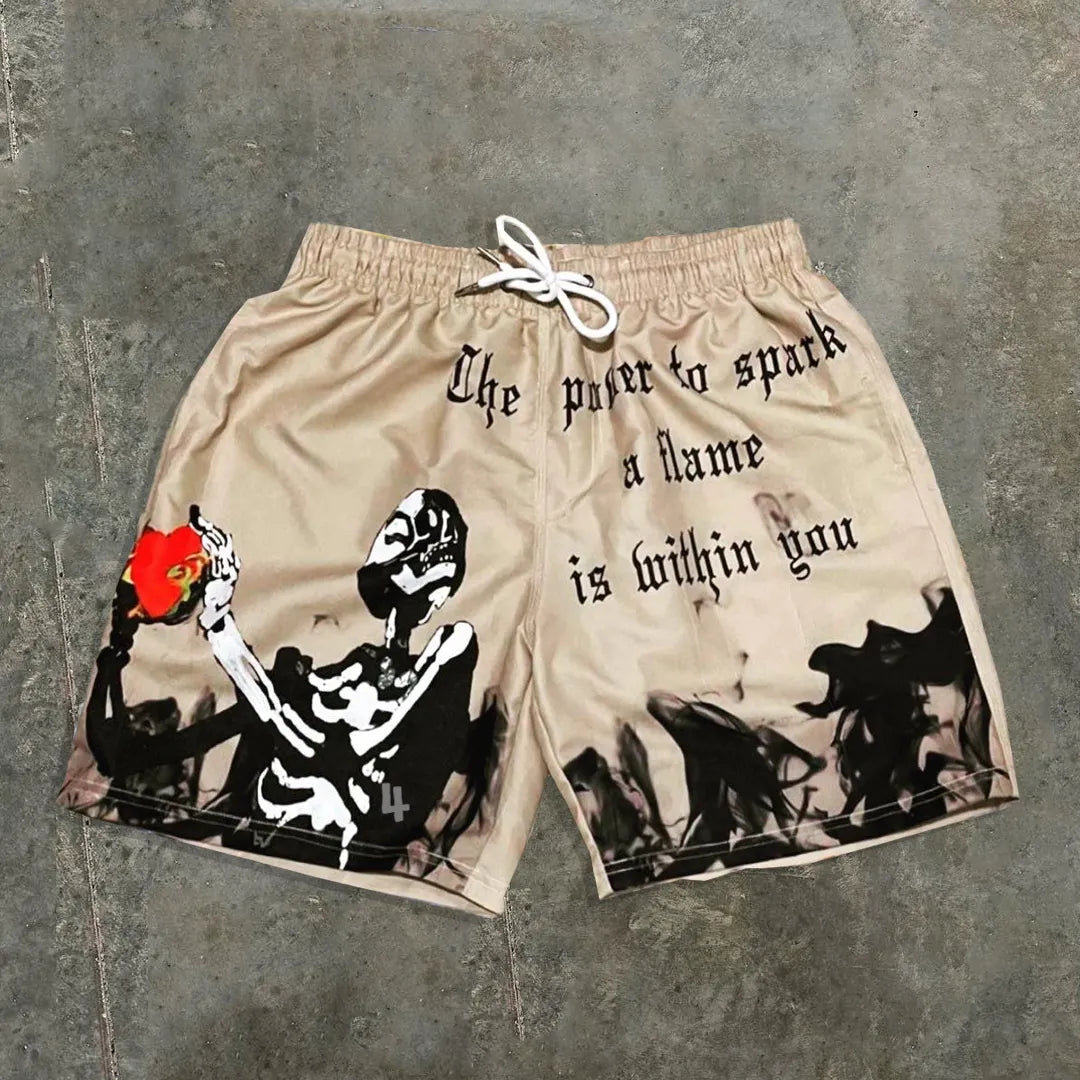 Casual mesh shorts in streetwearstijl met schedelopdruk en de tekst The Power To Spark A Flame Is Within You