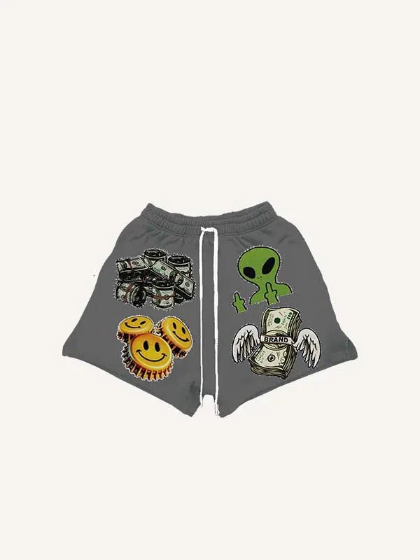 Short met trekkoord in de taille met smiley-, alien-, skelet-, geld-, vleugel-, oogbol-, letter- en grafische print in faux-stickerstijl