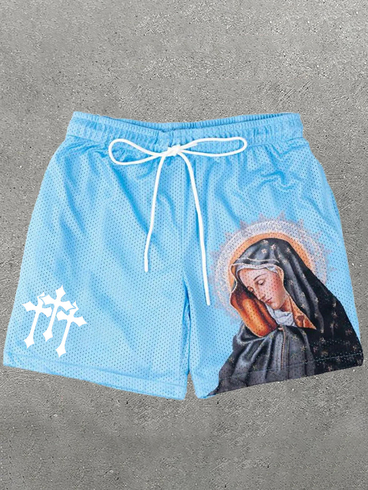 Szorty z siateczki z niebieskim nadrukiem Mary Cross