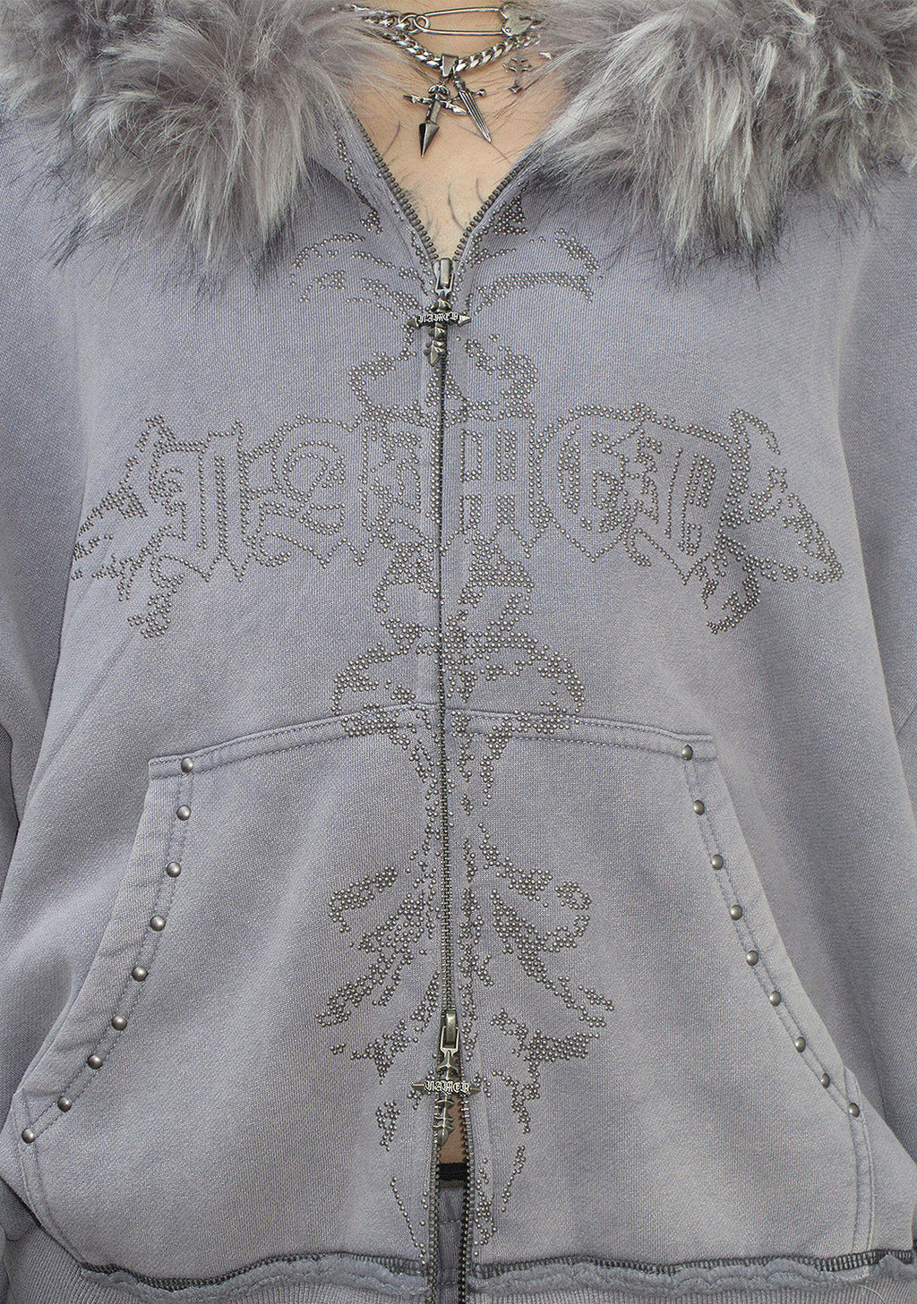 FERAL SWEATVEST MET RITS, KUNSTBONT EN NIETEN, GEWASSEN GRIJS (AFNEEMBAAR BONT)