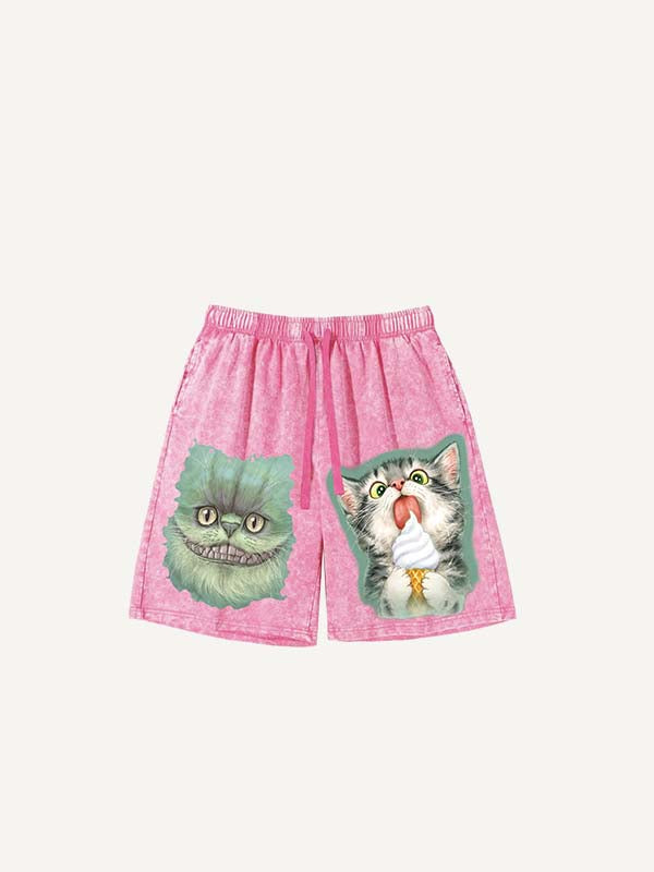 Pantaloncini effetto vissuto con coulisse in vita e stampa gatto
