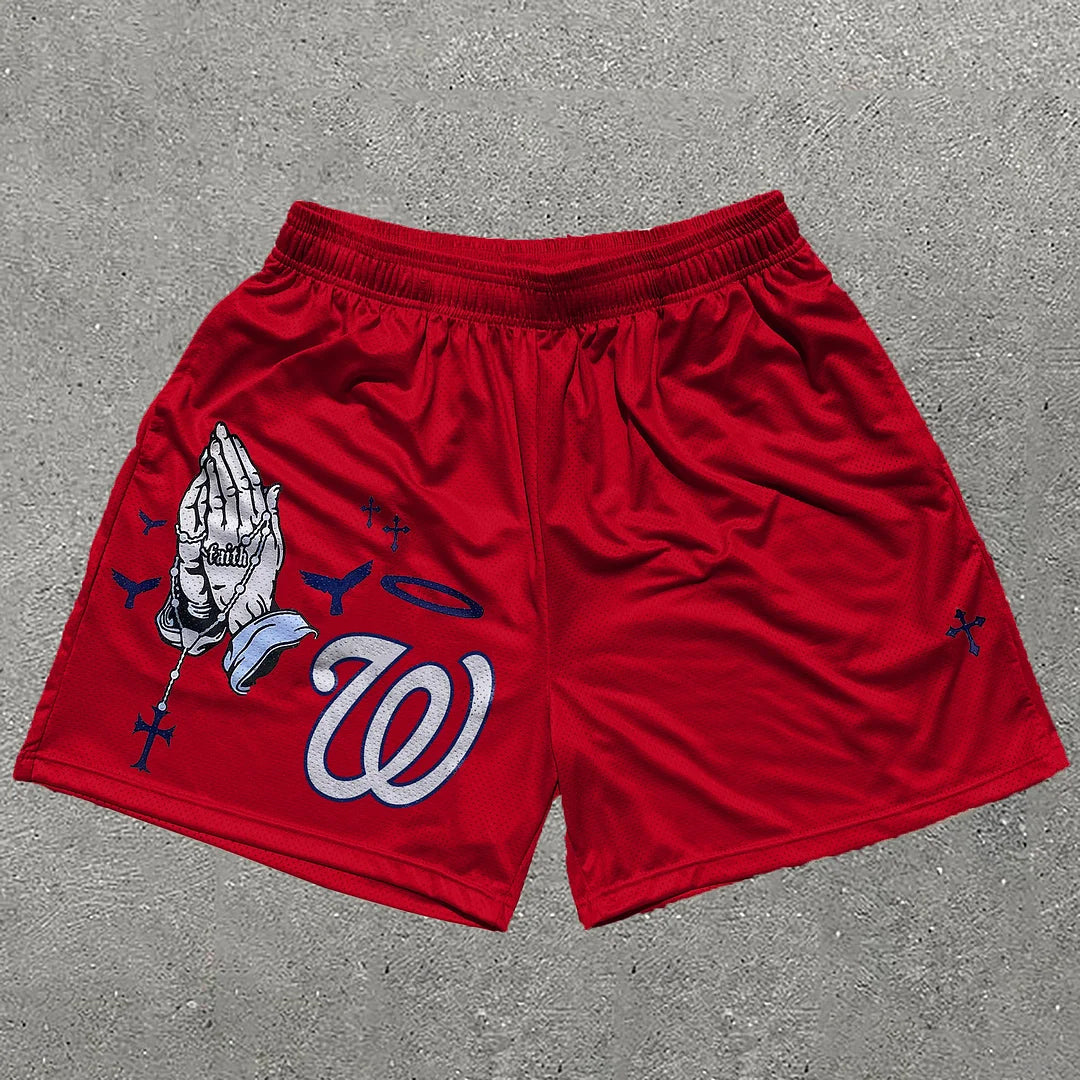 Praying Hands Print Graphic Men's Red Mesh Shorts