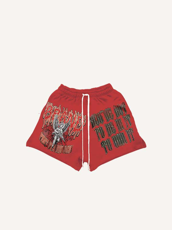 Angel&Gun&Letter Faux Decal Print Drawstring Waist Shorts