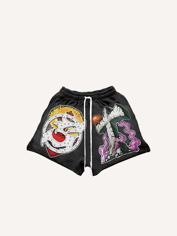 Shorts à taille cordon avec imprimé décalcomanie faux motif croix, graphique et lettres