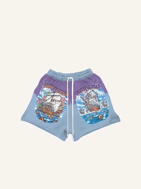 Tie-dye Animal&Skeleton&Boat&Graphic Print Drawstring Waist Shorts