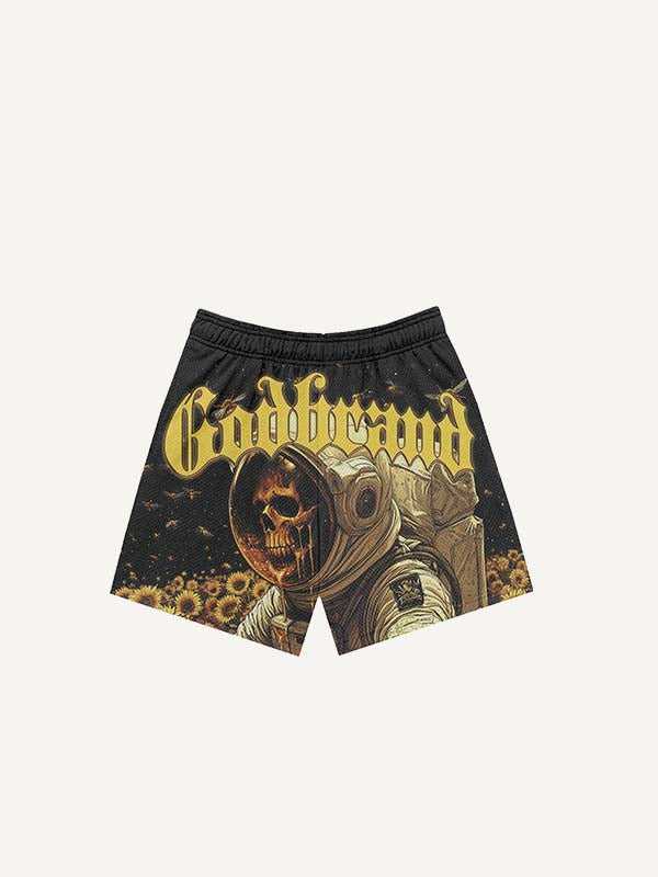 Astronaut&Skull&Floral&Letter Print Drawstring Waist Shorts