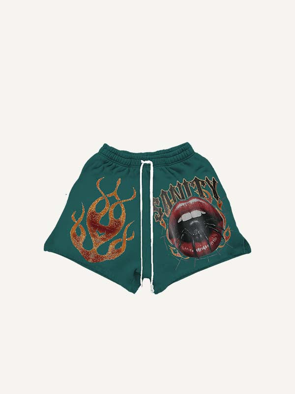 Shorts met trekkoord in de taille met mond-, spinnen-, vuur- en letterprint