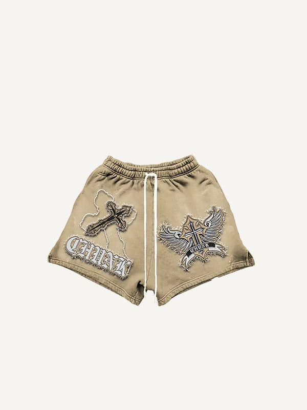 Cross&Wing&Letter Faux Decal Print Drawstring Waist Shorts